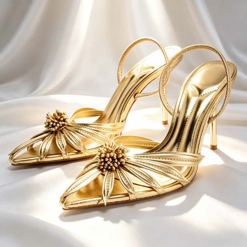 Elastic Waistband Roll - Luxury Gold Floral Detail Slingback Heels