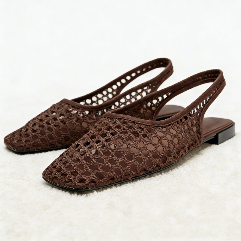 Elastic Waistband Roll - Brown Mesh Cutout Flat Sandals Women