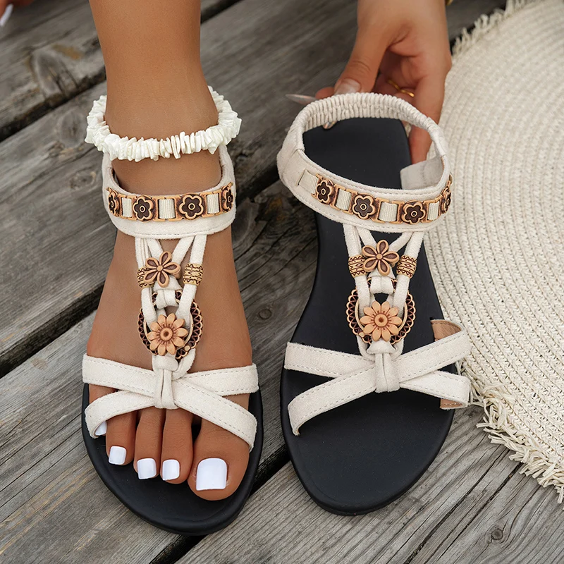 Flower Beaded Bohemian Sandals - Elastic Waistband Roll reseña y precio
